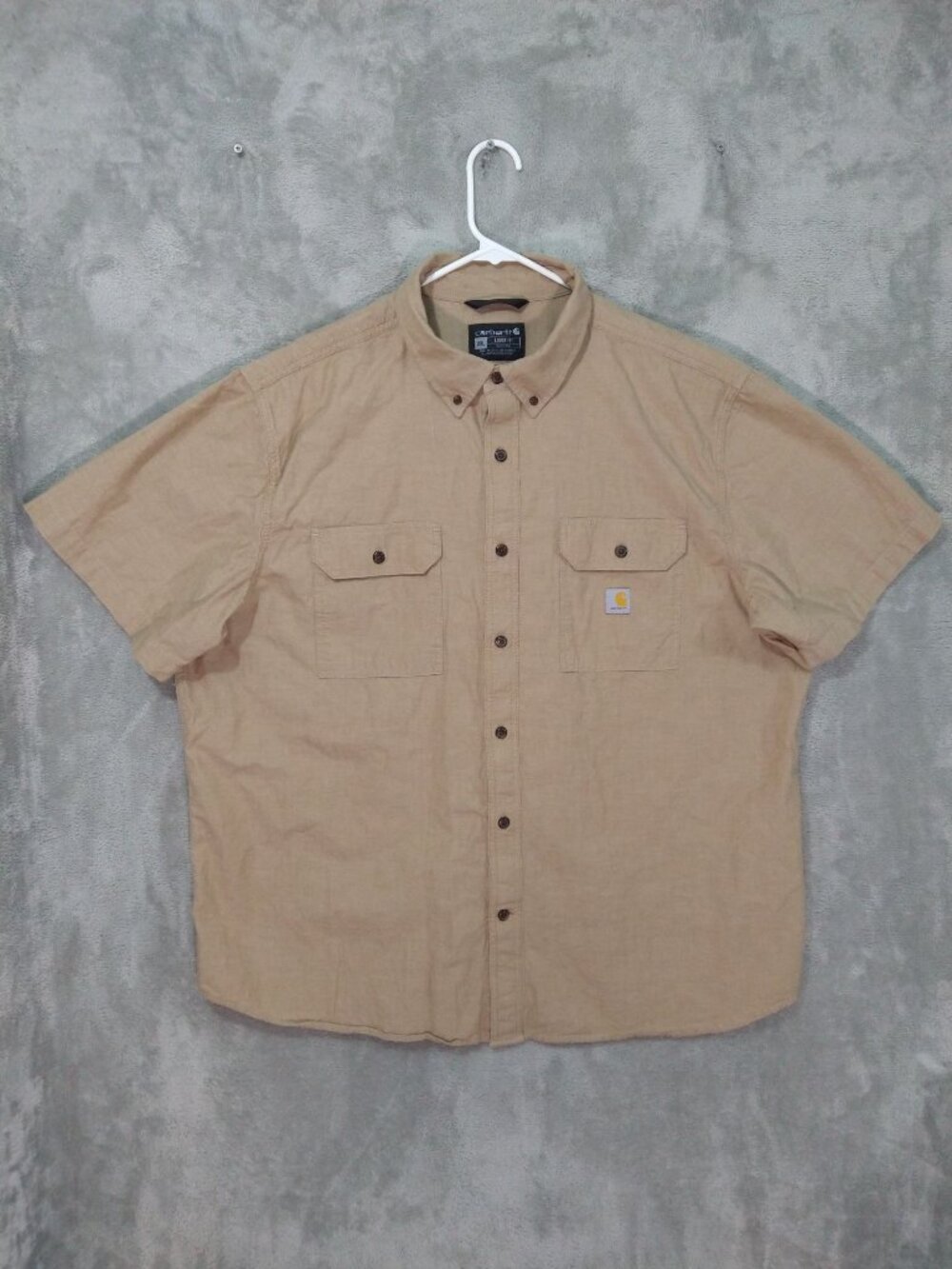 Carhartt Shirt Mens 2XL Beige Loose Fit Chambray Short Sleeve Pocket Cotton